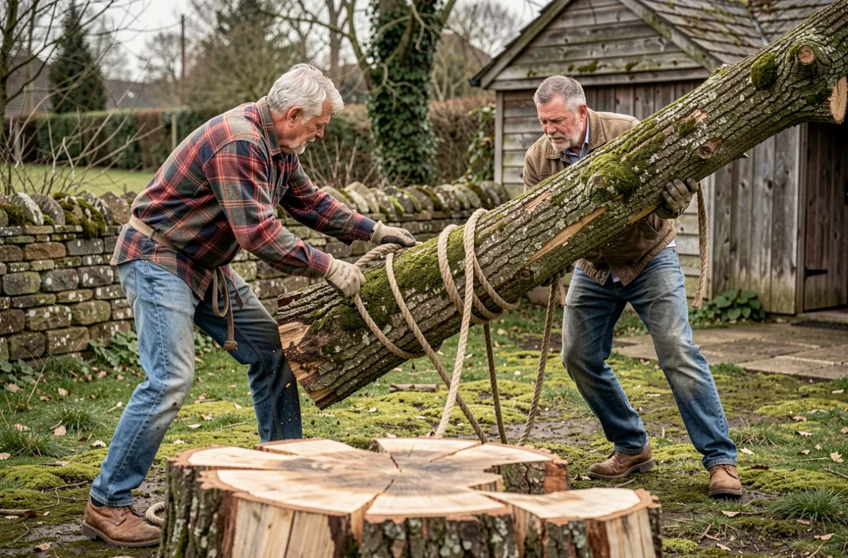 Deux hommes guidant la chute contrôlée d'un arbre à l'aide de cordes dans un jardin rural