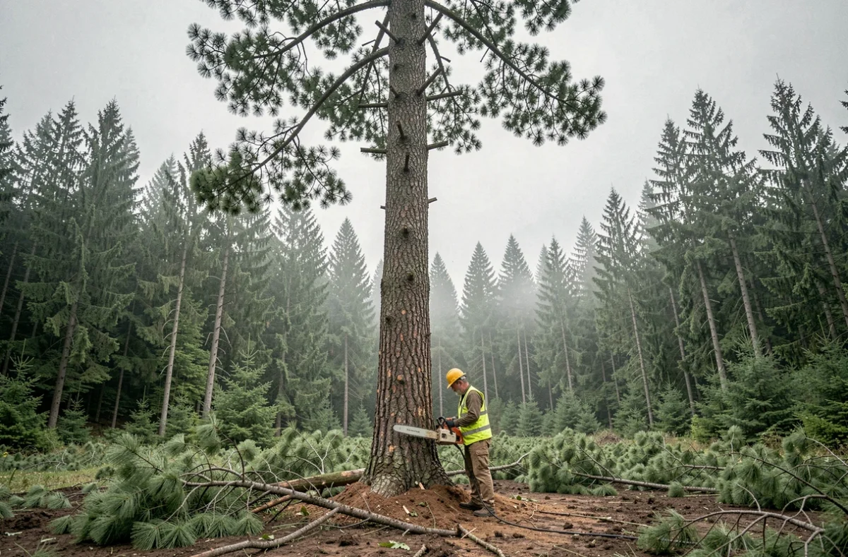 Bûcheron abattant un grand pin en forêt avec une tronçonneuse professionnelle