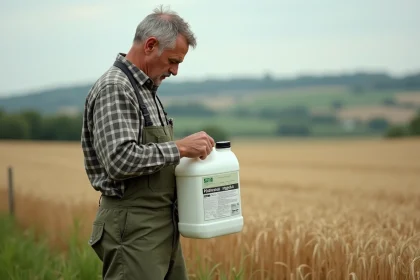 Agriculteur français examinant un bidon de glyphosate 5 litres avec étiquette espagnole au bord d'un champ de blé