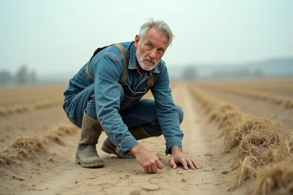 Agriculteur examinant une terre appauvrie et sèche dans un champ en automne, sol craquelé et végétation clairsemée