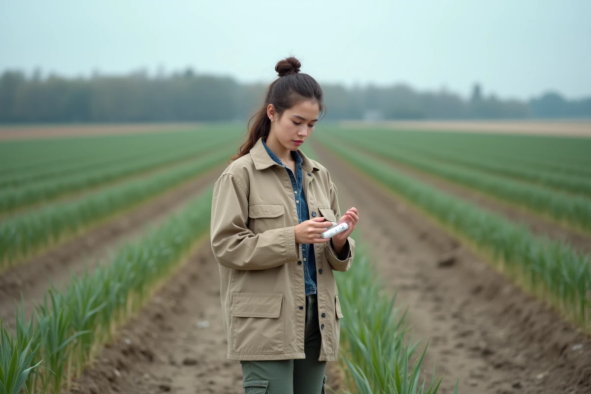 Agronome analysant la qualité du sol dans un champ de céréales appauvri avec un kit de test de fertilité