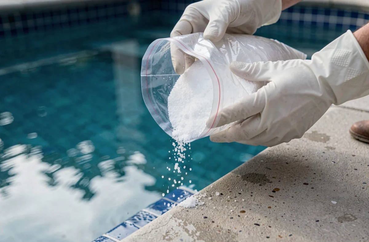 Ajout de sel dans une piscine lors de la mise en route du système de chloration électrolytique