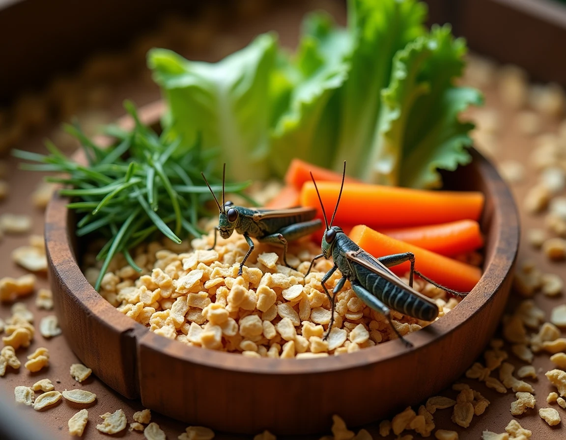 Assiette d'alimentation variée pour criquets en élevage avec légumes frais et graminées séchées