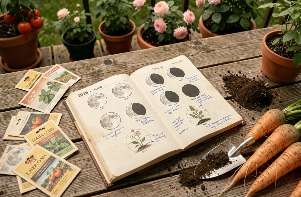 Almanach de jardinage lunaire 2026 ouvert sur une table de jardin avec graines et légumes récoltés
