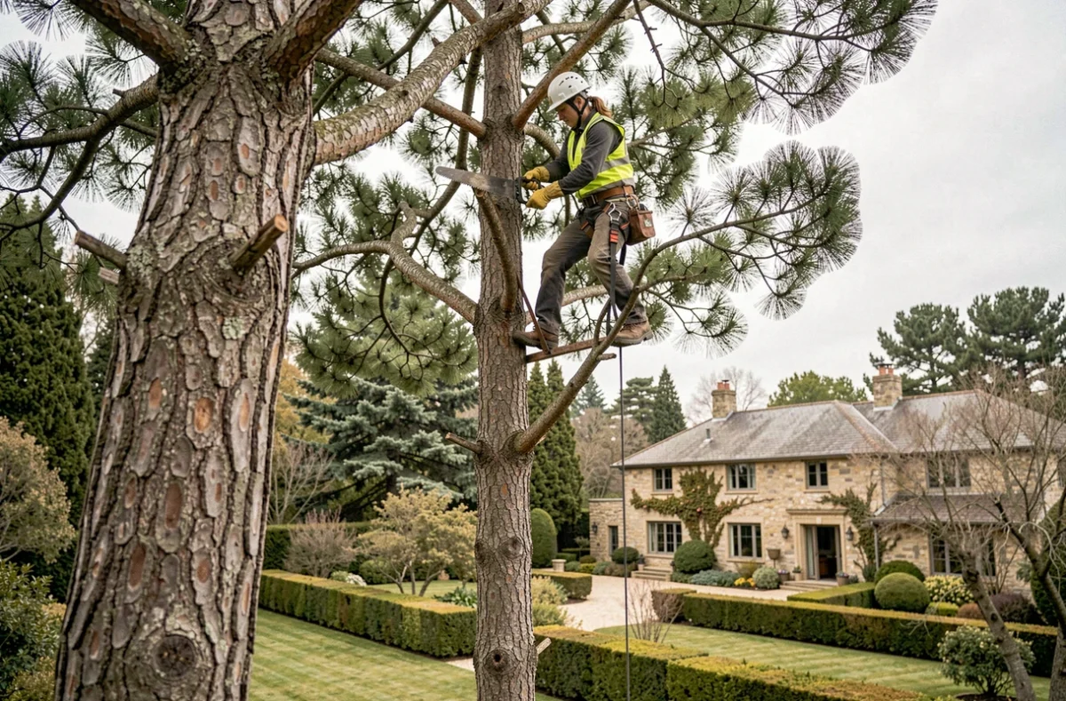 Arboriste professionnelle élagage en hauteur dans un grand jardin avec équipements de sécurité