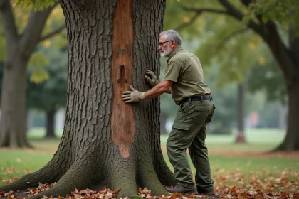 Arboriste inspectant l'écorce malade d'un mûrier platane avec des chancres et des taches sombres dans un parc en automne