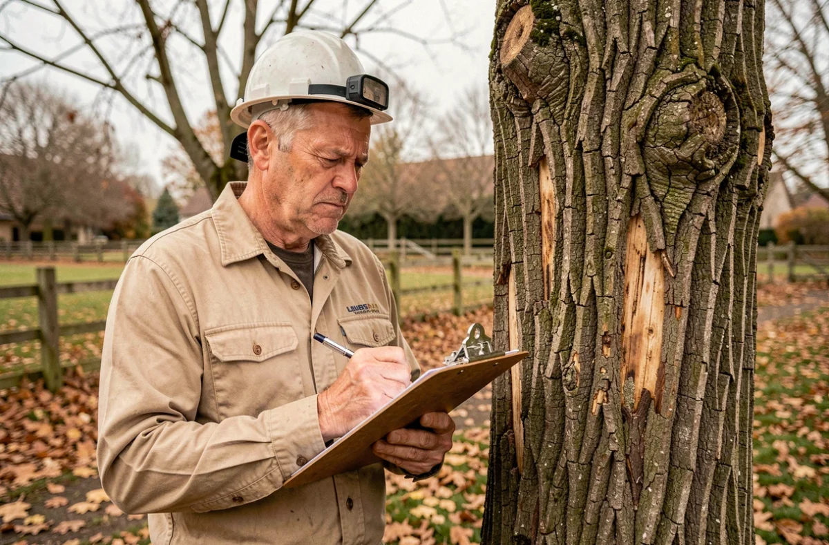 Arboriste consultant inspectant un noyer malade dans une propriété rurale du Loiret