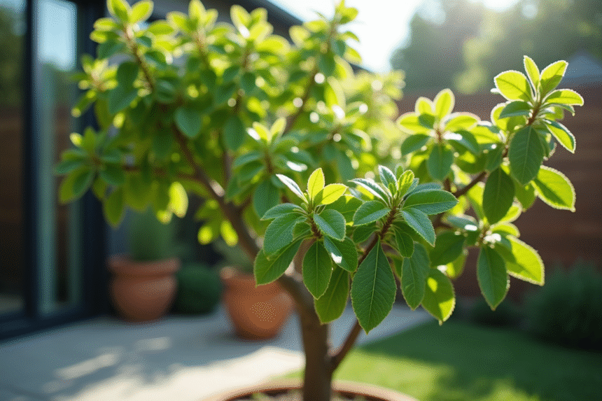 Arbre de jade en fleurs dans un jardin moderne en plein jour