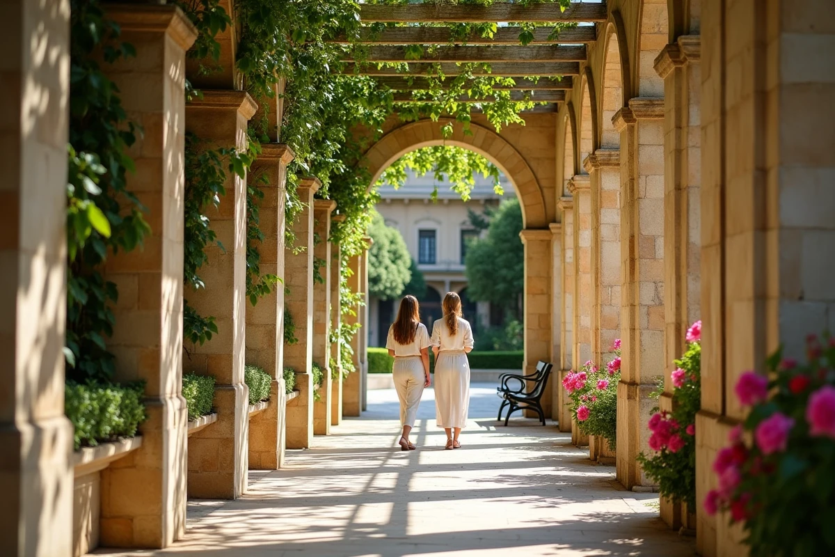 Deux femmes se promenant sous les arcades en pierre des jardins de Barrakka à La Valette entourées de bougainvilliers