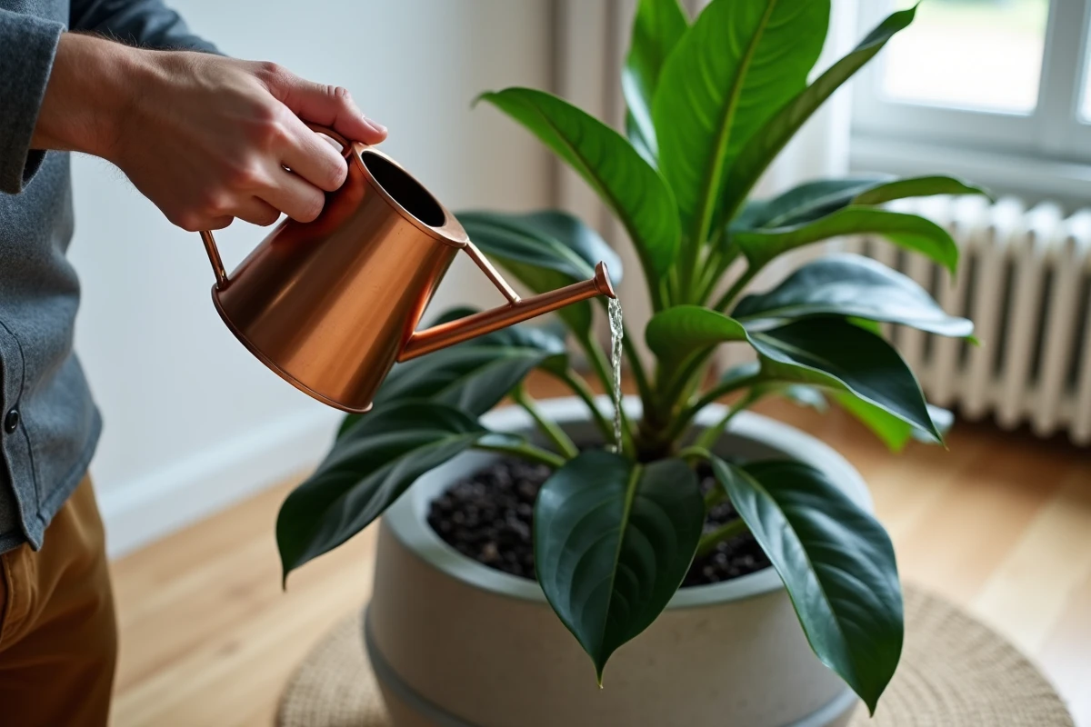 Arrosage d'un ficus benjamina avec un arrosoir en cuivre, gouttelettes d'eau sur les feuilles brillantes dans un salon scandinave minimaliste