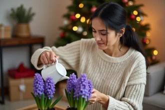 Femme arrosant une jacinthe de Noël violette dans un salon décoré pour les fêtes