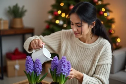 Femme arrosant une jacinthe de Noël violette dans un salon décoré pour les fêtes