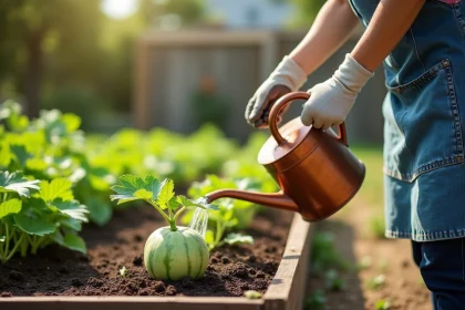 Femme arrosant un plant de melon à la base avec un arrosoir en cuivre dans un potager ensoleillé