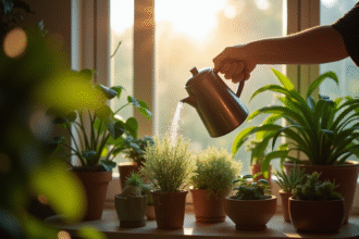 Personne arrosant des plantes d intérieur au matin dans un salon lumineux