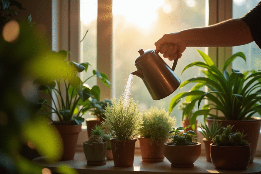 Personne arrosant des plantes d intérieur au matin dans un salon lumineux