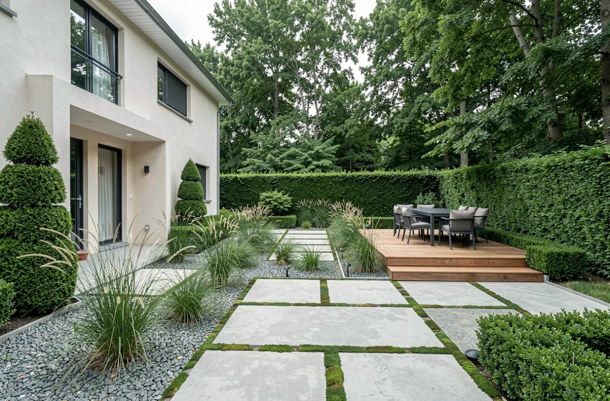 Jardin contemporain géométrique réalisé par Artopia à Cormontreuil avec terrasse en bois et graviers décoratifs