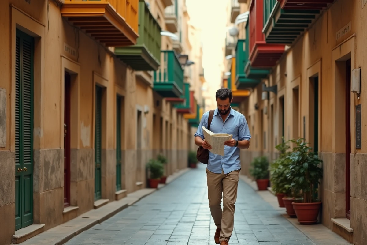 Promeneur consultant une carte dans une rue pavée typique du centre historique de La Valette avec balcons maltais colorés