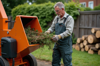 Homme en tenue de travail utilisant une déchiqueteuse à bois dans un jardin