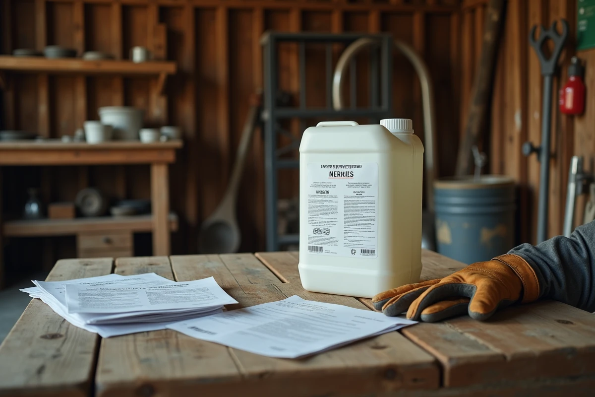 Bidon de glyphosate espagnol 5 litres posé sur une table en bois avec documents de livraison et formulaires douaniers dans une grange agricole française
