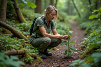 Botaniste femme en forêt examine plante en plein air