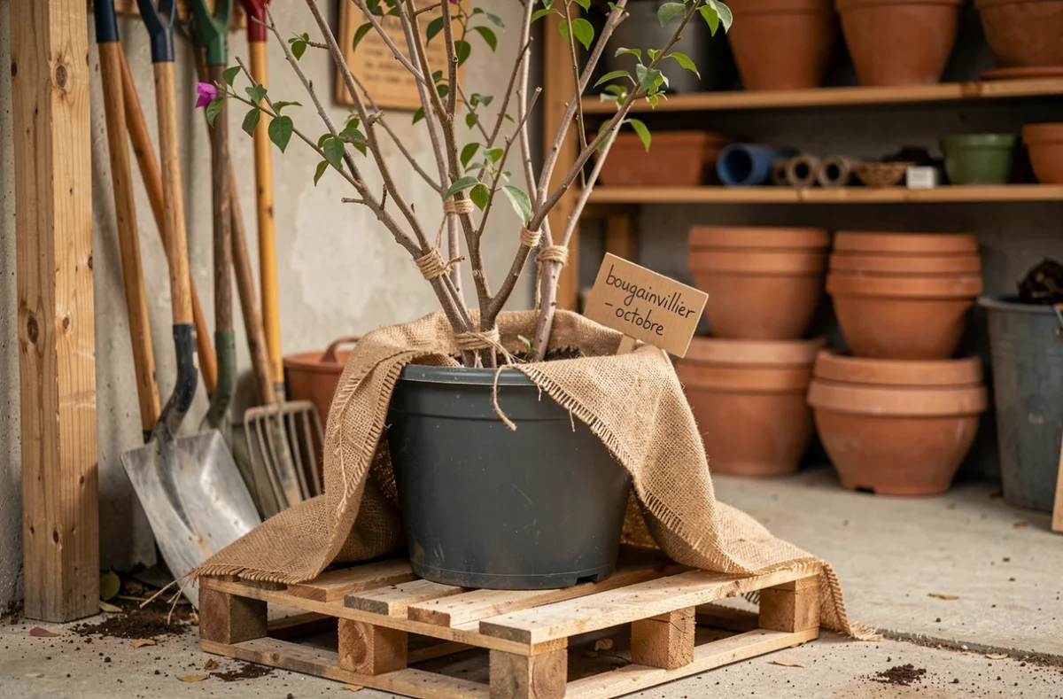 Bougainvillier dormant en hivernage dans un garage non chauffé avec tuteurs en jute et sac de jute
