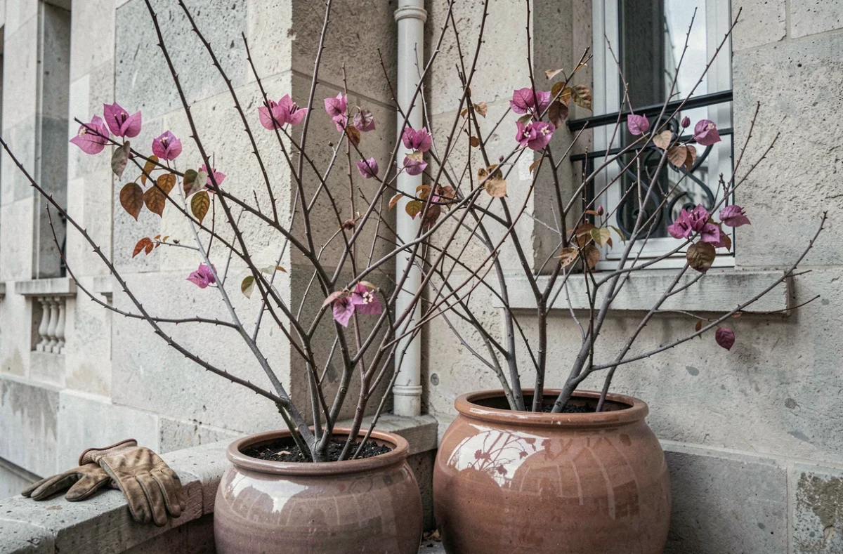 Bougainvilliers en pots déplacés contre un mur abrité de balcon parisien pour l'hivernage