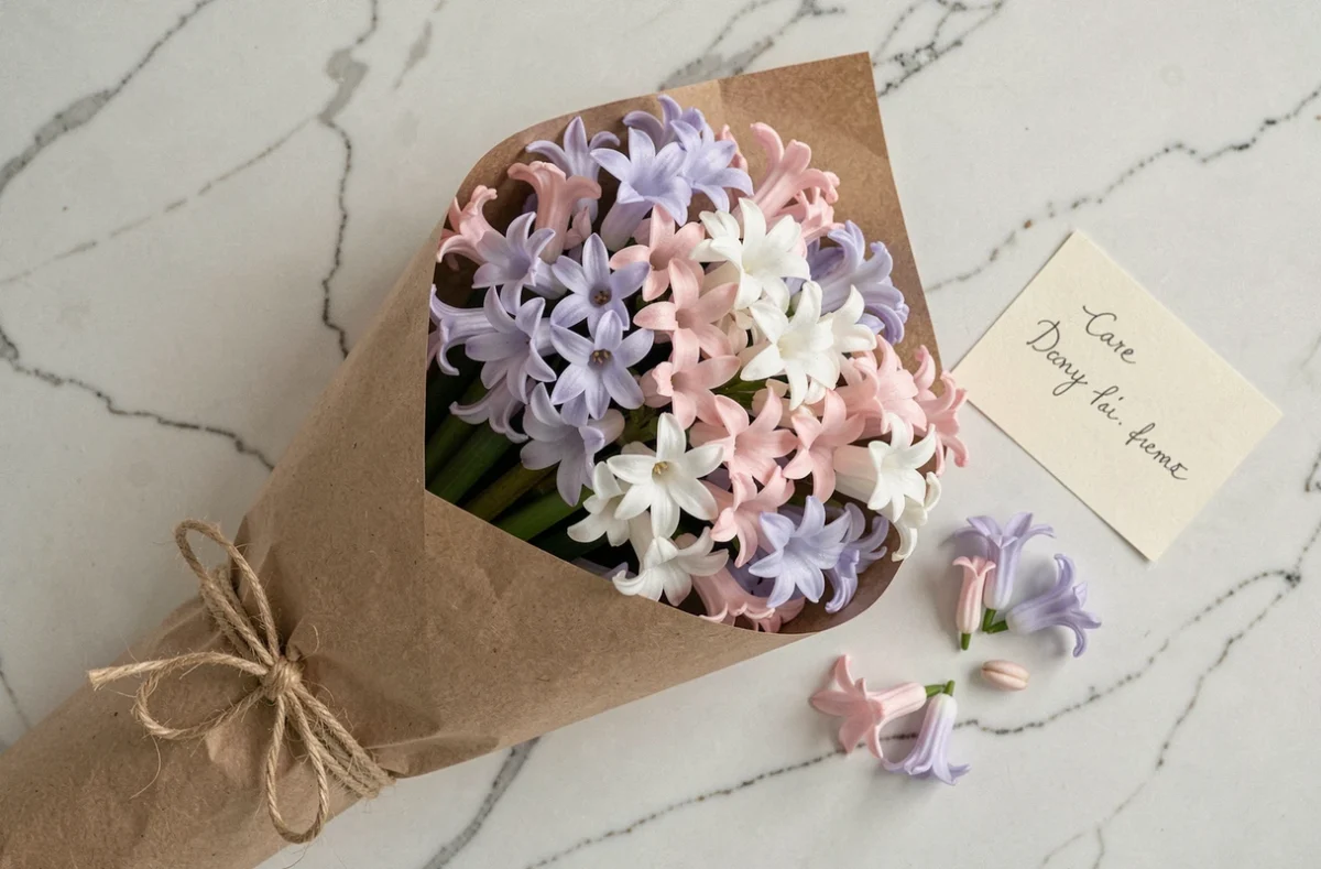 Bouquet de jacinthes pastel enveloppé dans du papier kraft sur marbre avec une carte de soin manuscrite et des fleurs éparpillées