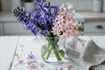 Bouquet de jacinthes violettes et roses dans un vase en verre sur une table en bois blanc, avec des pétales épars et un tissu en lin