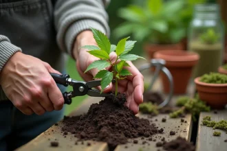 Femme bouturant un érable du Japon sur une table de jardinage en bois avec pots en terre cuite et hormone de bouturage