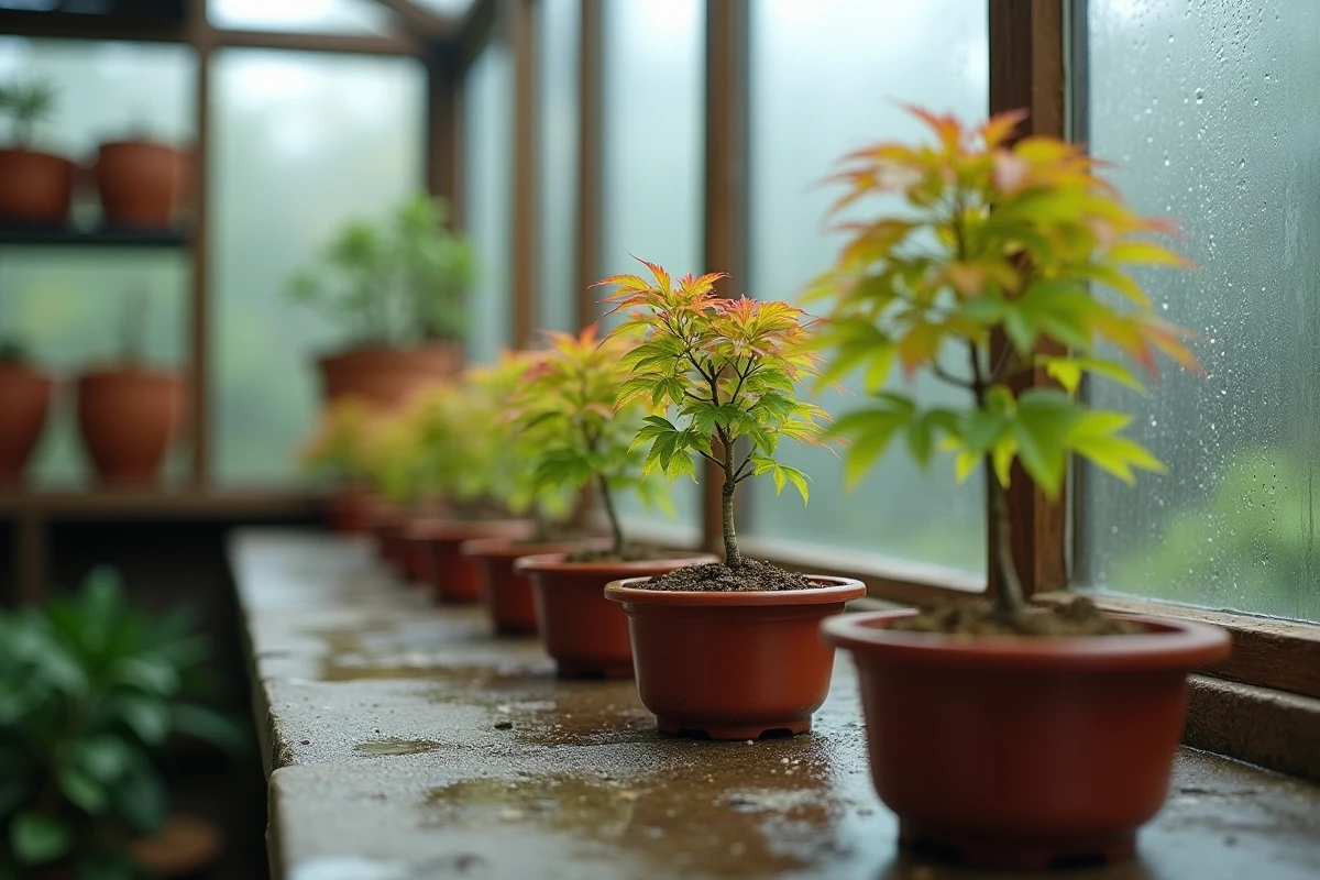 Boutures d'érable du Japon en pots de bonsaï dans une serre avec condensation sur les vitres