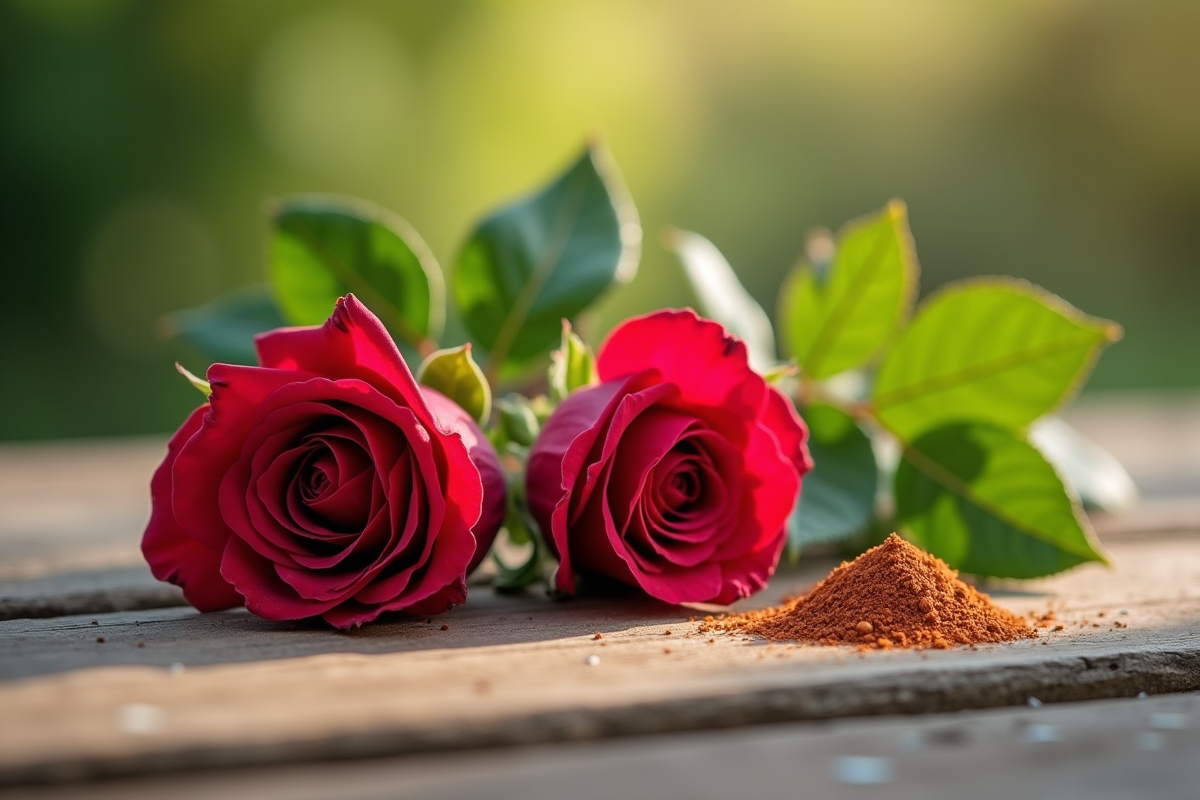 Segments de rose coupés avec hormone de bouturage sur table en plein air