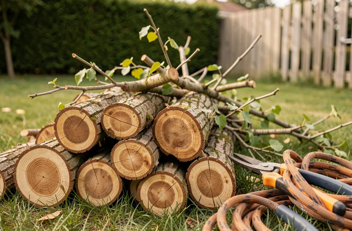 Branches fraîchement élaguées avec outils professionnels d'arboriculture posés sur une pelouse de jardin