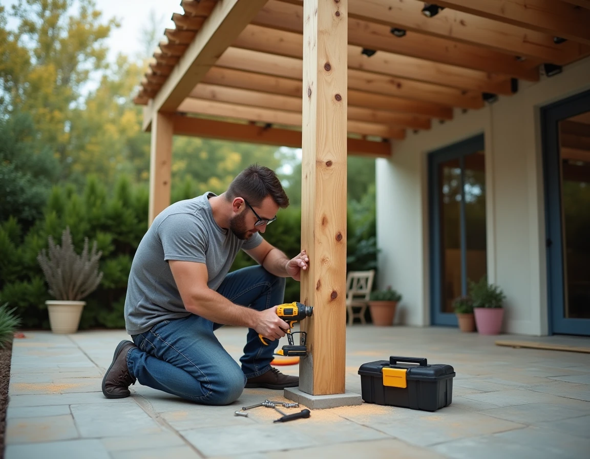 Bricoleur renforçant les fixations d'une pergola 5x4 avec une visseuse sans fil sur terrasse carrelée