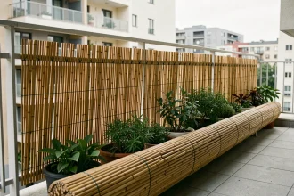 Brise vue en bambou fixé sur une balustrade de balcon d'appartement sans perçage, avec plantes vertes en pot