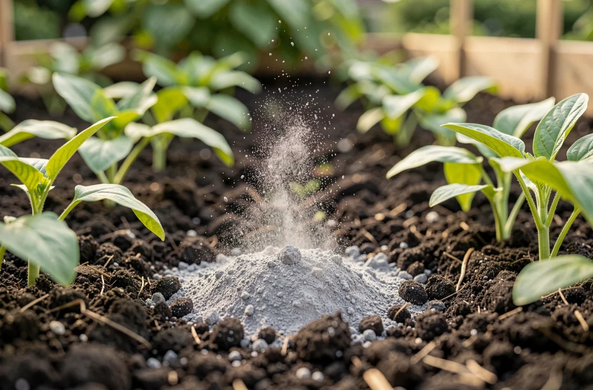 Cendre de bois épandue en fine couche sur une terre de potager