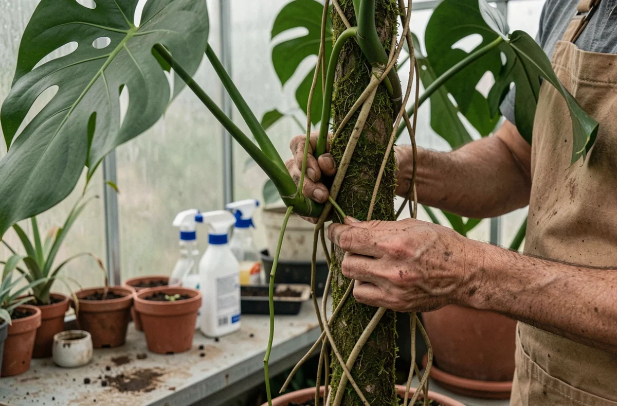 Jardinier inspectant les racines aériennes d'un ceriman sur tuteur en mousse pour corriger les erreurs de culture