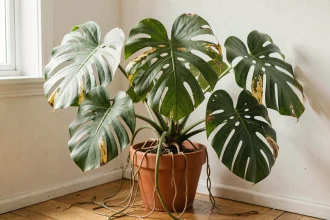 Plant de ceriman en pot trop petit avec feuilles jaunissantes, erreurs courantes de culture en intérieur