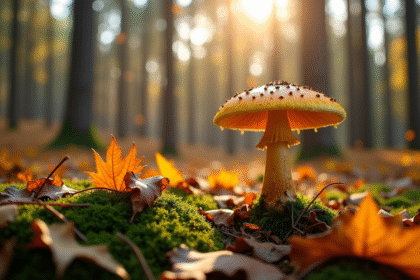 Champignon faux chanterelle sur sol forestier en automne