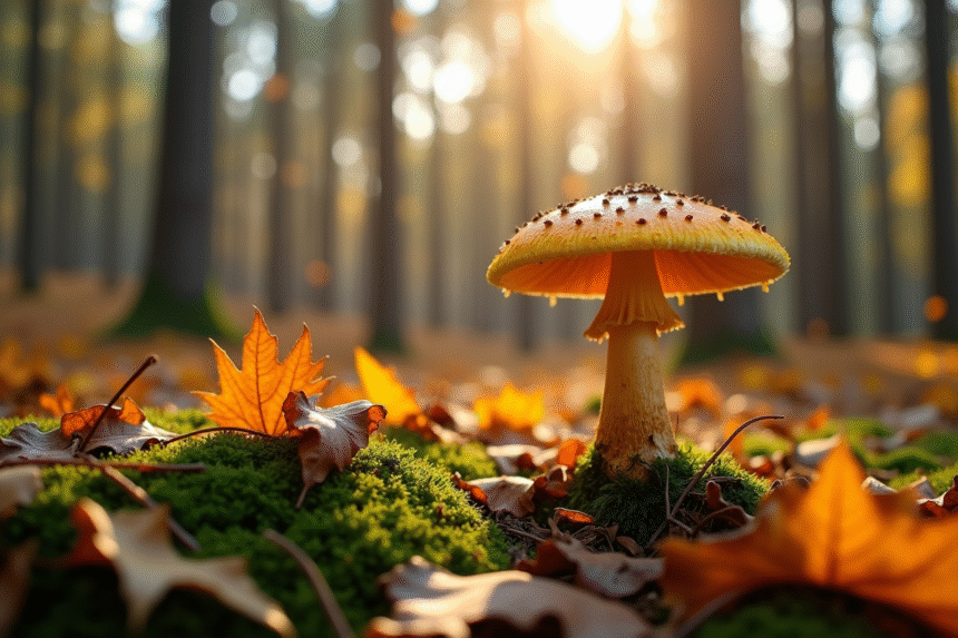 Champignon faux chanterelle sur sol forestier en automne