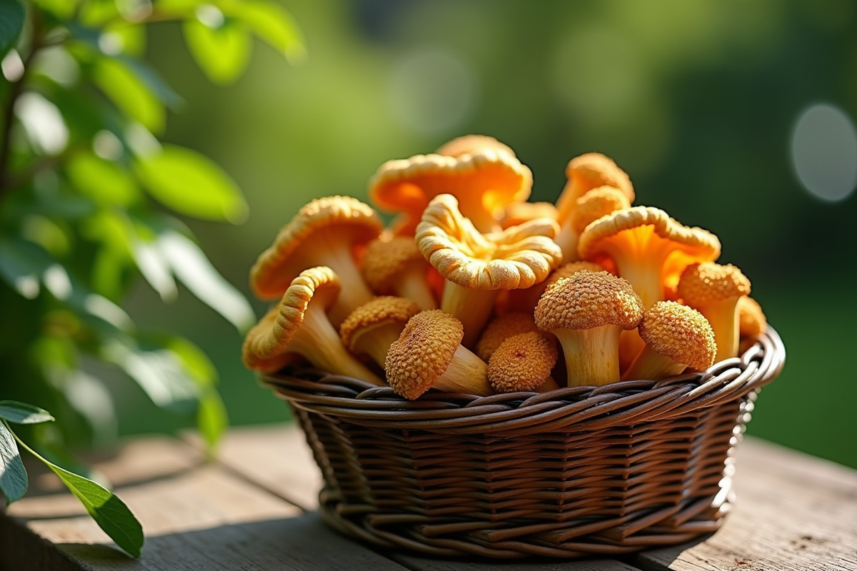 Champignons récoltés dans un panier en bois sur une table extérieure