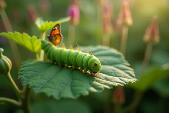 Chenille verte sur feuille de framboisier avec papillon