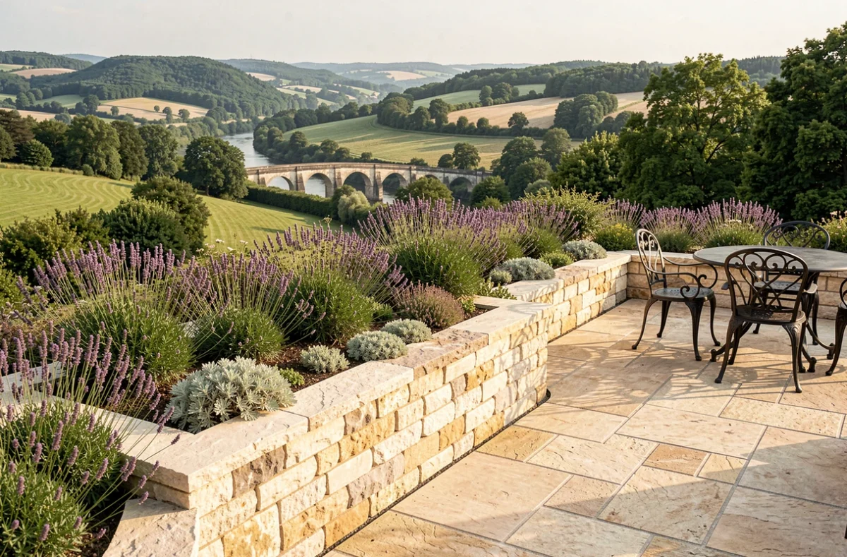 Terrasse paysagée par Christophe Créations à Jouy-aux-Arches avec vue sur la vallée de la Moselle et aqueduc romain