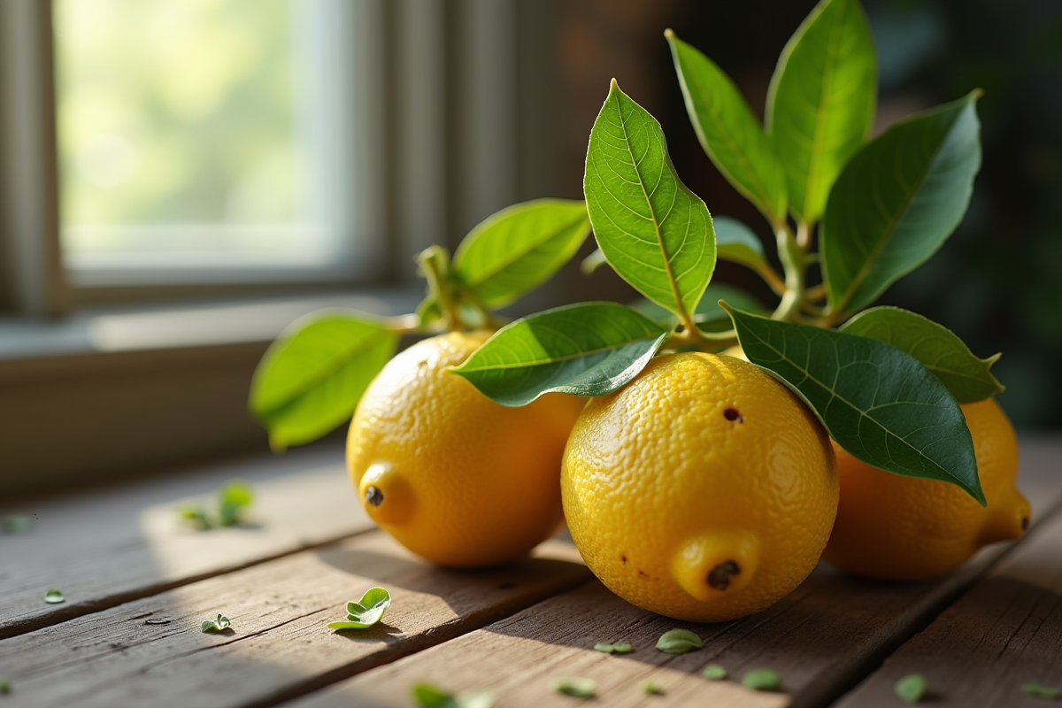 Citron et feuilles sur table en bois avec signes de nuisibles