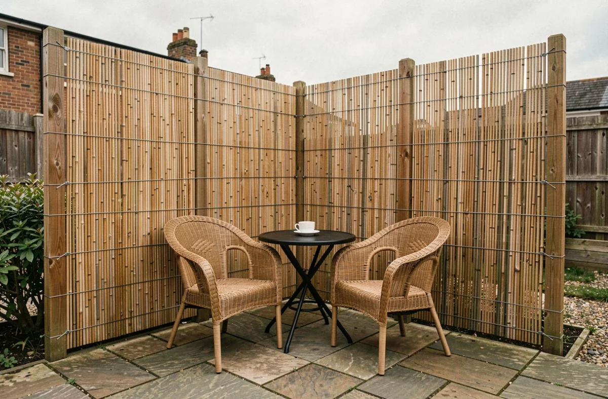 Coin terrasse intimisé avec deux panneaux de bambou fixés sans perçage formant un espace privé avec table et chaises en osier