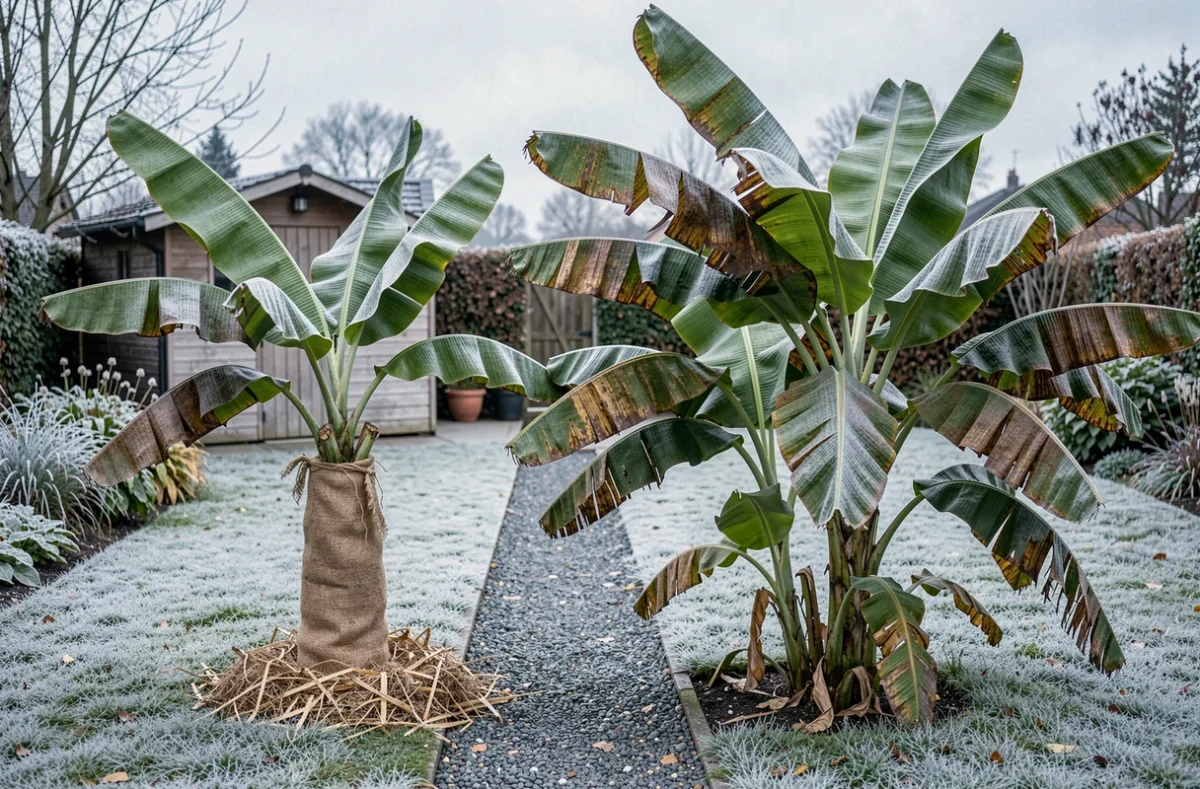 Comparaison bananier taillé protégé pour l'hiver et bananier non taillé au jardin