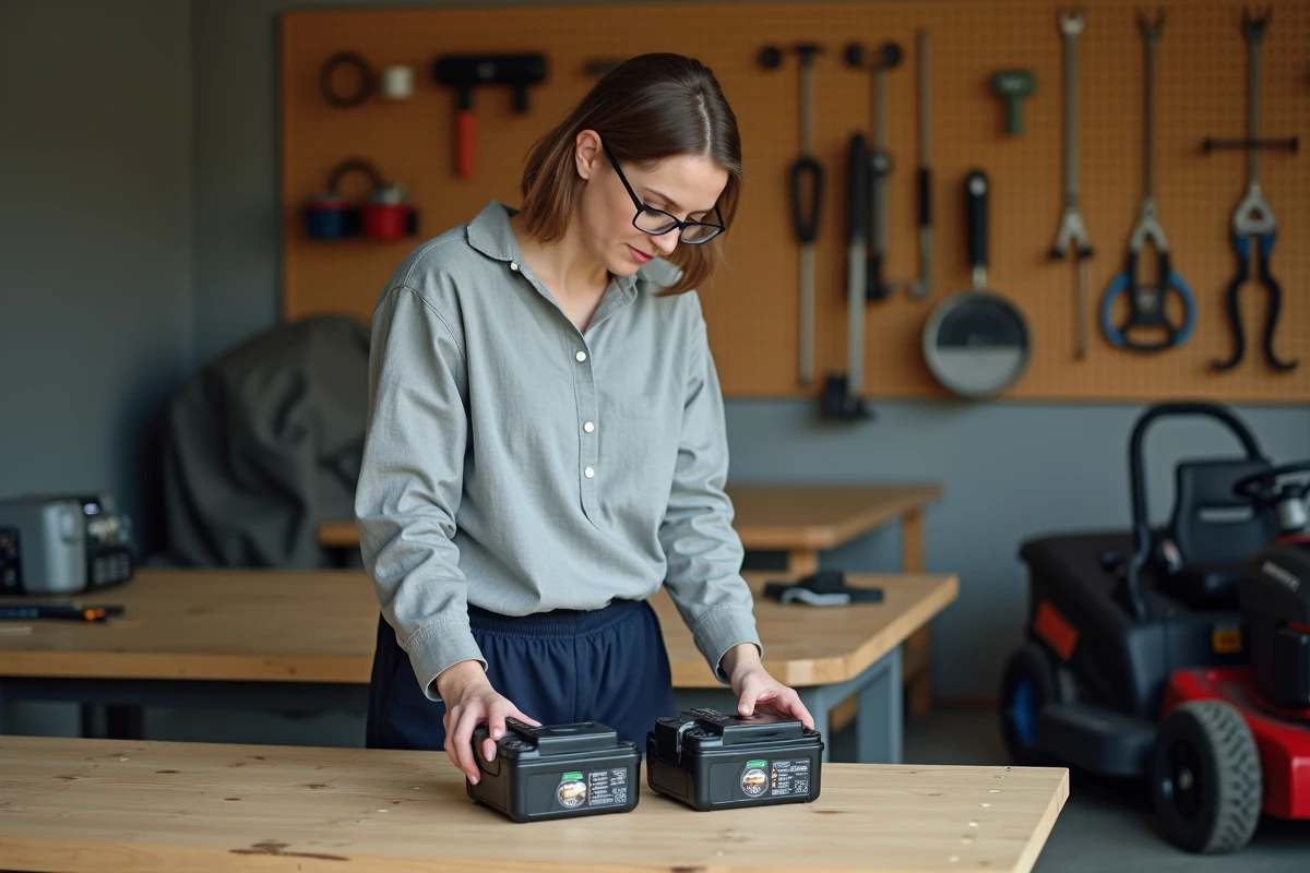 Femme comparant deux batteries de tondeuse à gazon sans fil sur un établi de garage, analysant les critères de performance cachés