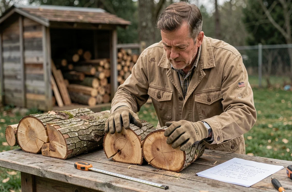 Homme comparant deux bûches de bois différentes, hêtre et pin, sur un établi en bois pour évaluer le poids au stère