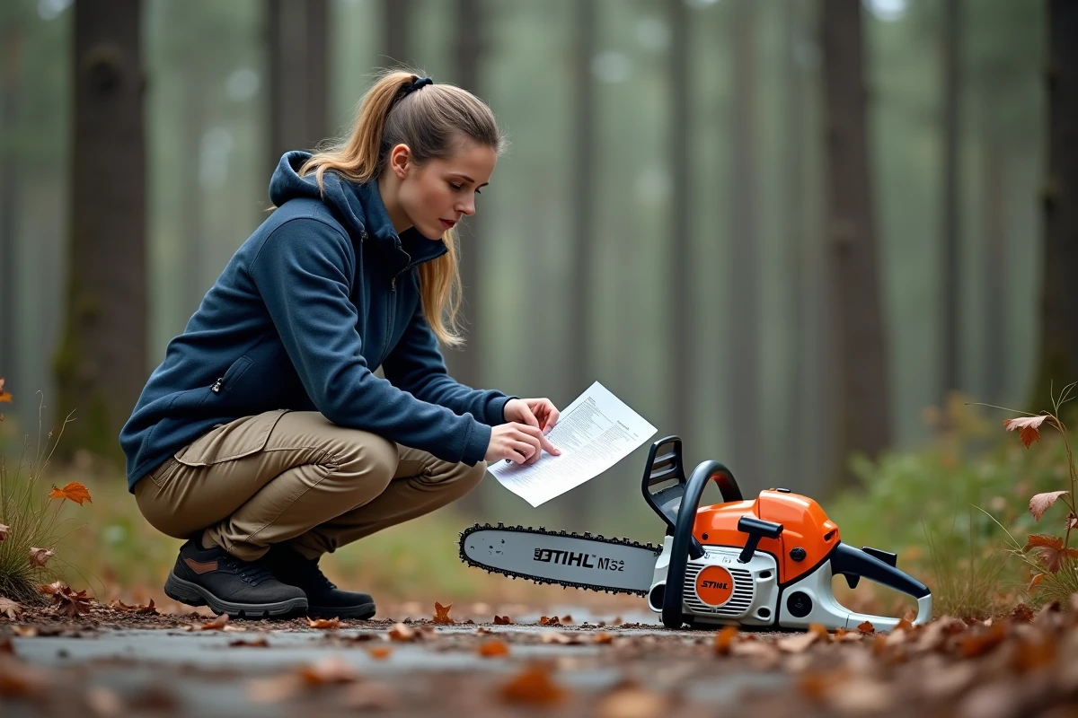 Femme comparant la fiche technique de la STIHL MS 211 avec la tronçonneuse dans une clairière forestière