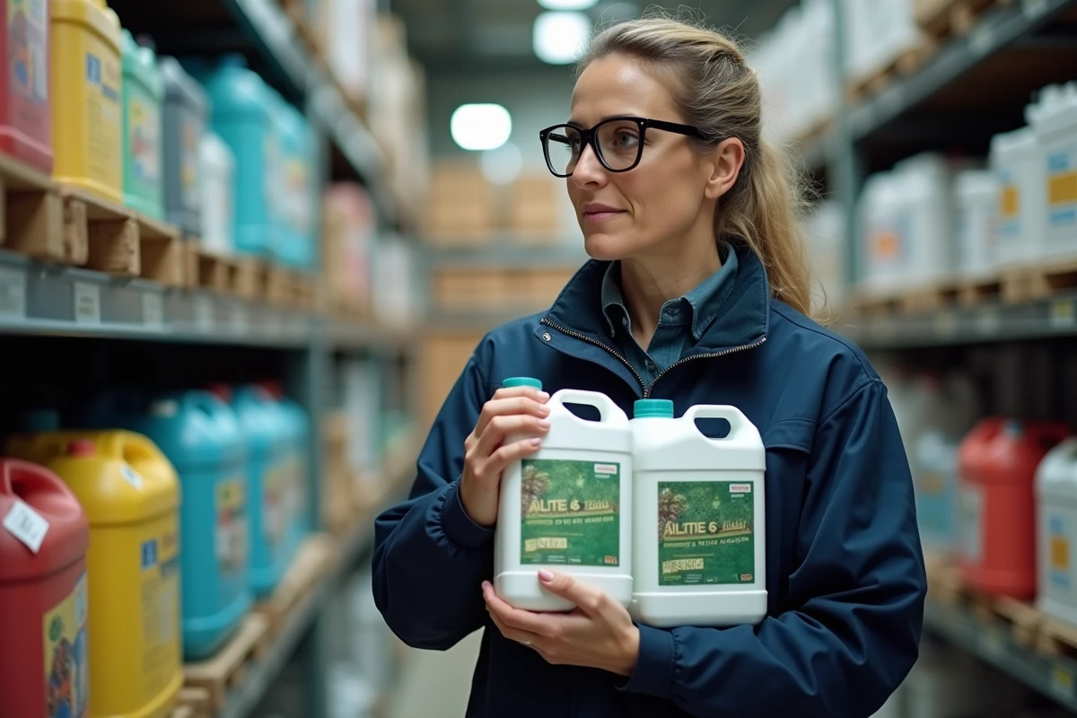 Agronome française comparant deux bidons de glyphosate 5 litres d'origines française et espagnole dans une coopérative agricole