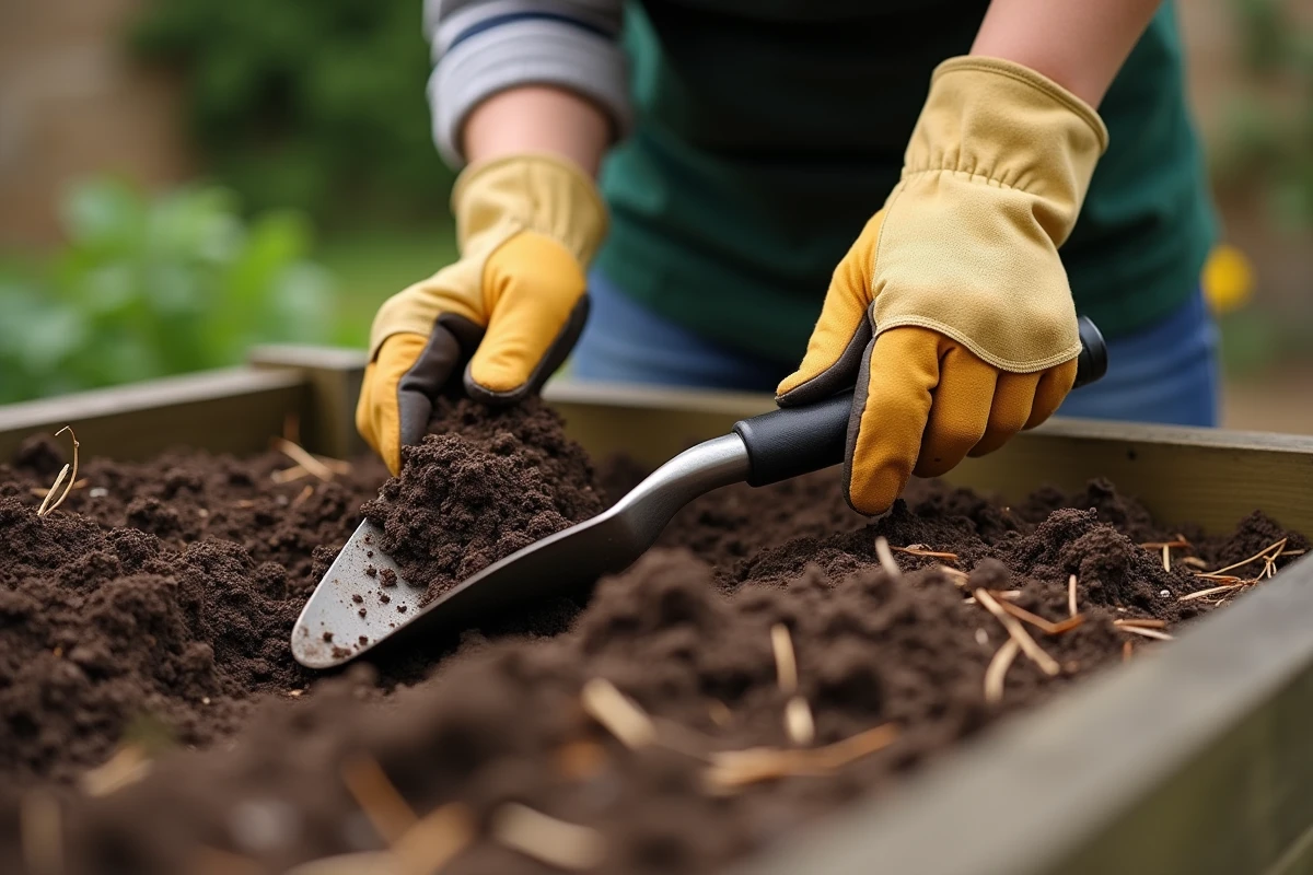 Mains gantées mélangeant du compost dans un sol pauvre d'un potager pour enrichir la terre naturellement